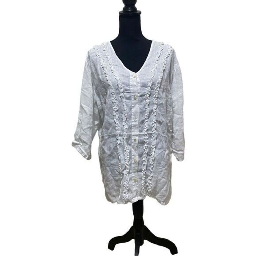 Valerie Stevens Casual Woman Ruffle, Long Sleeve Linen Size 1X Top